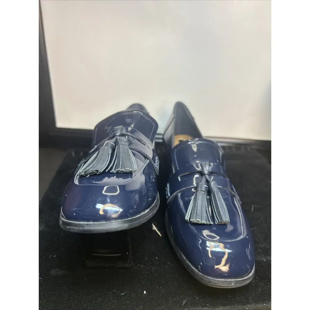 Trifari Navy Blue Tassel Loafers Womens 6.5 Glossy Leather Vintage Style
